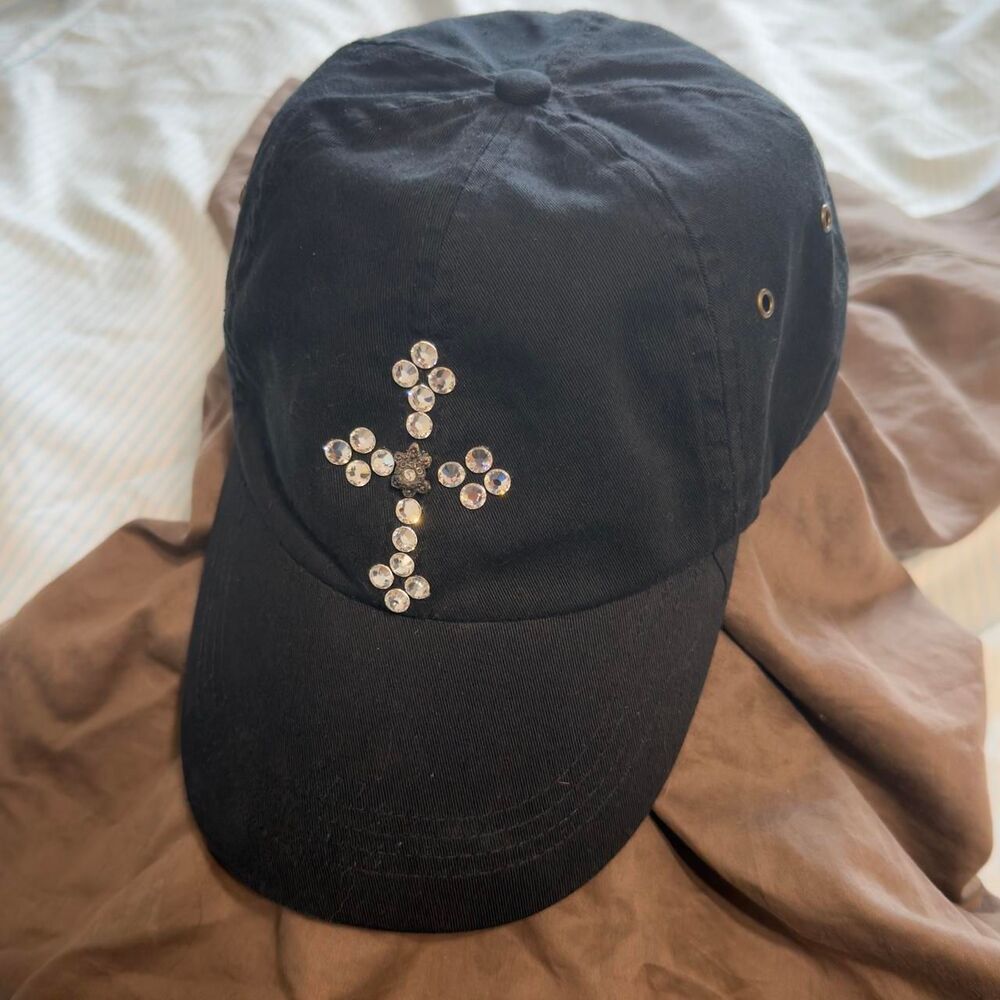 Black Baseball Cap with Rhinestone Cross Embellishment #bling #rhinestones